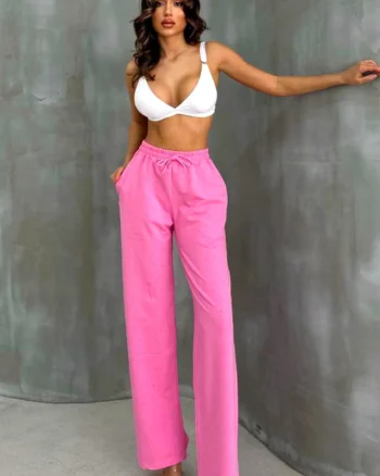 Pantaloni casual HIKE Glow, cu aplicatii tip strasuri si snur in talie, Roz