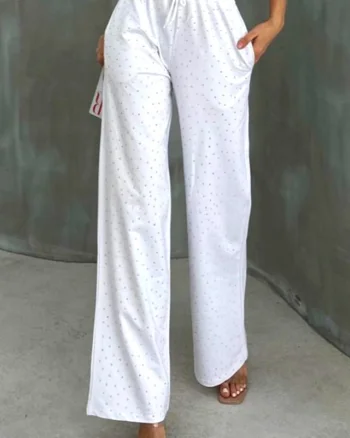 Pantaloni casual Emma, cu cristale aplicate si croiala wide leg, Alb