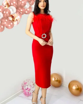 Rochie eleganta din bumbac, Naisha, cu pene naturale si crapatura laterala, Rosu