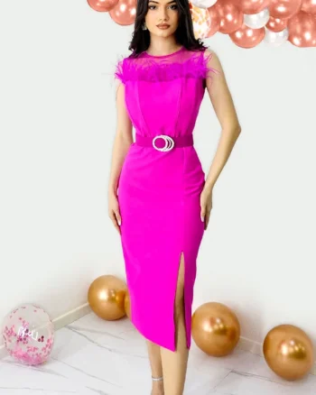 Rochie eleganta din bumbac, Naisha, cu pene naturale si crapatura laterala, Fucsia