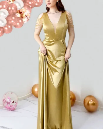 Rochie de ocazie Leontina, cu textura satinata si cristale artizanale, Auriu