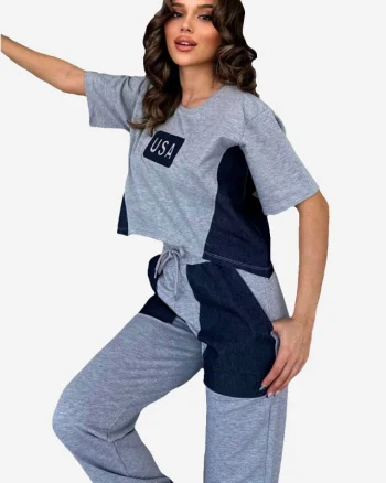 Compleu sport USA Dream, tricou oversize inscriptionat si pantaloni cu panouri denim, Gri