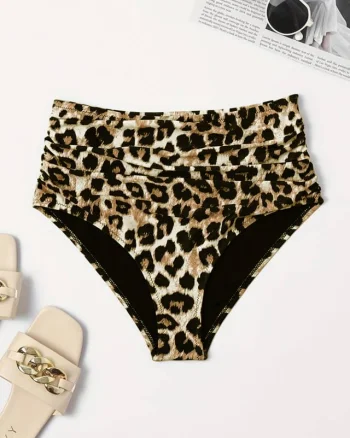 Slip de baie Tankini, cu talie inalta si pliuri asimetrice, Animal print Leopard