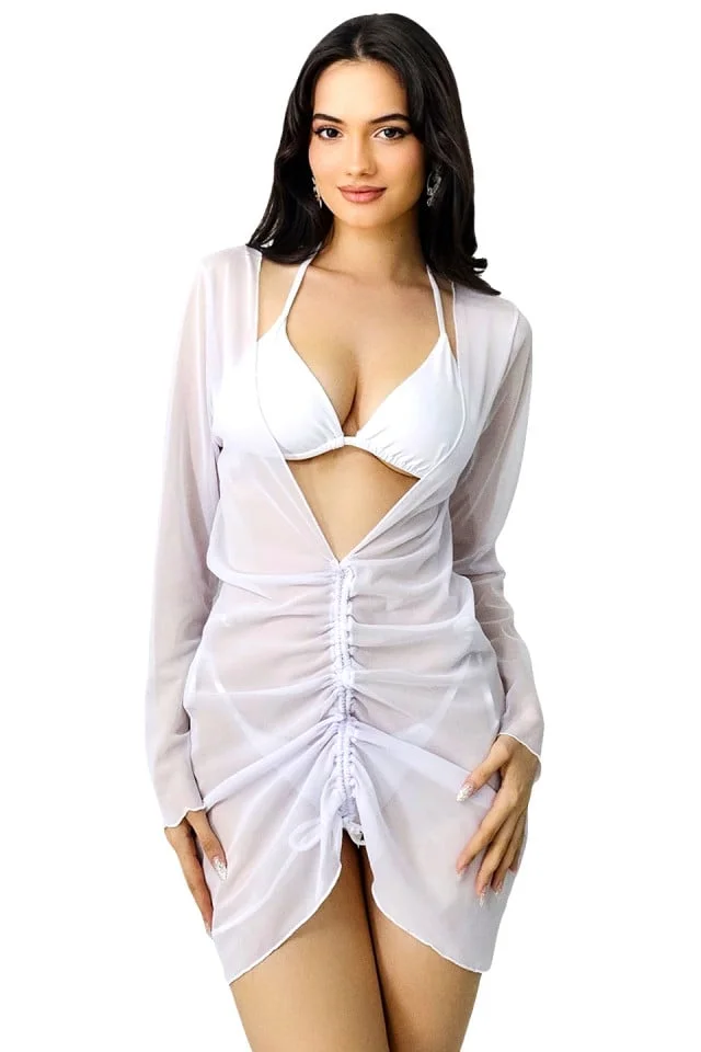 Set de plaja trei piese Ameline, costum de baie reglabil si rochie cu snur reversibil, Alb