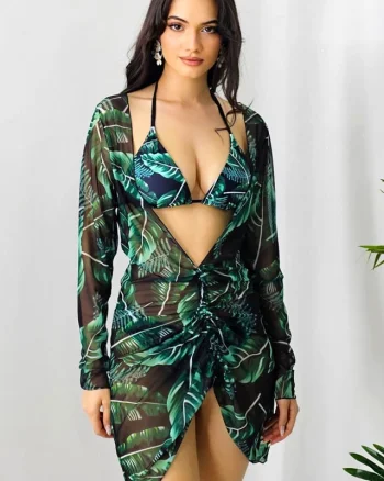 Set NAYS, costum de baie doua piese si rochie de plaja, Verde Tropical