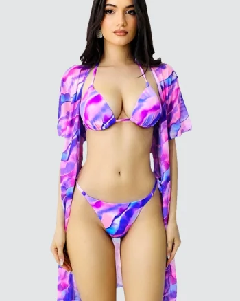 Set de plaja trei piese Kerya, cardigan cu snur si costum de baie, Wave Mov