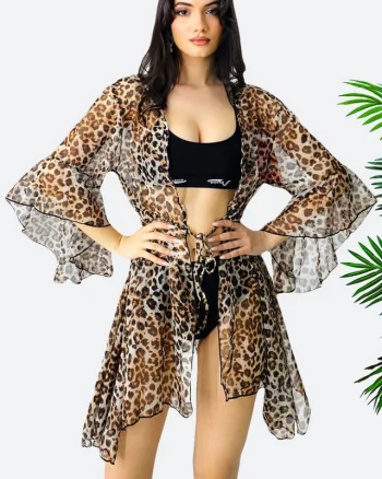 Cardigan scurt de plaja ZyZy, cu maneca evazata si snur in talie, Animal print Leopard