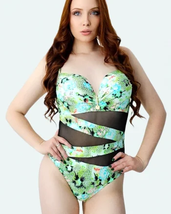 Costum de baie intreg MaXena, cu perle si detaliu cu tull, Verde Havana