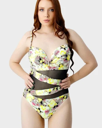 Costum de baie intreg MaXena, cu perle si detaliu cu tull, Galben Havana