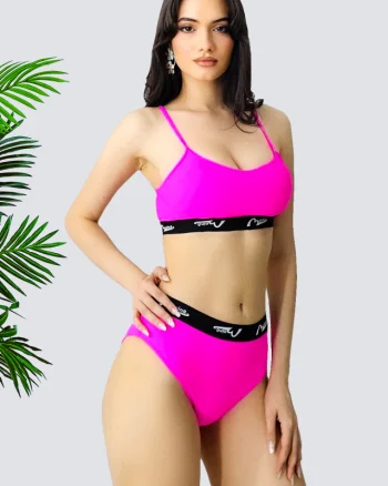 Costum de baie 3 piese MeYNA, slip tanga, slip brazilian si sutien sport, Fucsia