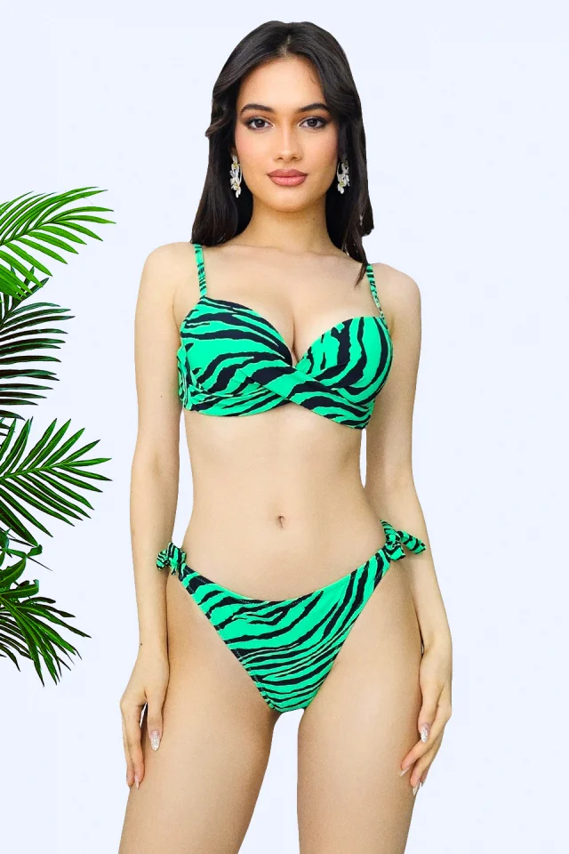Costum de baie 3 piese Nataly, cu doua tipuri slip si sutien push up, Verde