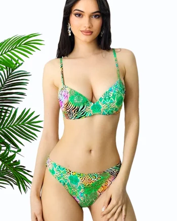 Costum de baie doua piese Yolis, imprimeu jungle si sutien ajustabil, Verde