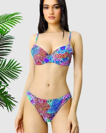 Costum de baie doua piese Yolis, imprimeu jungle si sutien ajustabil, Mov