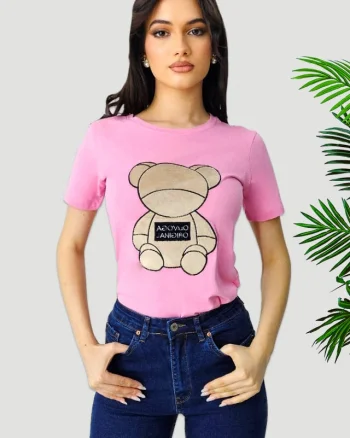 Tricou Kyra, cu imprimeu "ursulet", Roz