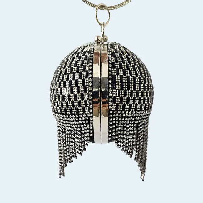 Geanta de ocazie, Shining Sphere, cristale, aspect geometric si laturi metalice, Negru/Argintiu
