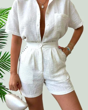 Compleu cu bumbac creponat, Jolin, camasa si pantaloni scurti cu pense, Alb