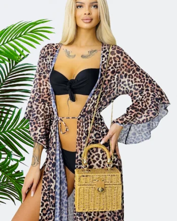 Cardigan de plaja LEXA, cu maneca evazata si snur in talie, animal print Leopard