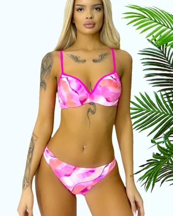 Costum de baie doua piese FuZZion, slip cu talie joasa si sutien cu push up, Roz