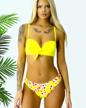 Costum de baie trei piese AiLis, slip brazilian, slip semidecupat si sutien cu push up, Galben