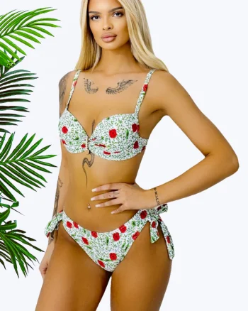 Costum de baie doua piese MYNA, slip reglabil si sutien accesorizat, Verde/Rosu