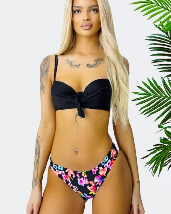 Costum de baie trei piese AiLis, slip brazilian, slip semidecupat si sutien cu push up, Negru