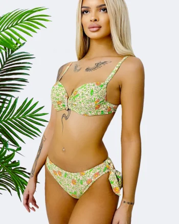 Costum de baie doua piese MYNA, slip reglabil si sutien accesorizat, Bej/Verde