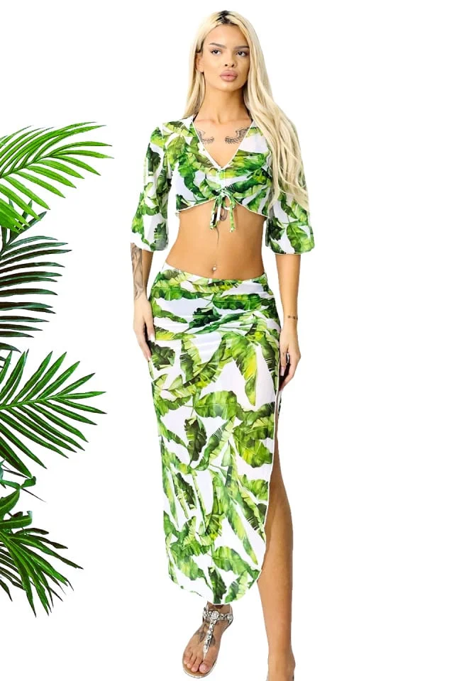 Compleu plaja Milagros fusta lunga cu snur lateral si top cu maneca evazata, Verde Amazon