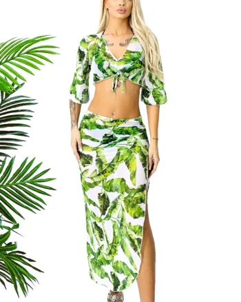Compleu plaja Milagros fusta lunga cu snur lateral si top cu maneca evazata, Verde Amazon