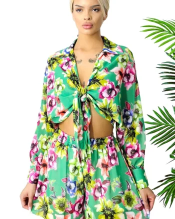 Compleu estival AdeLLa, cu camasa vaporoasa si pantaloni scurti, Verde, Marime S/M