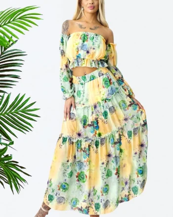 Compleu Bernolda, fusta vaporoasa si camasa cu umerii goi, Vintage Beauty, Masura S/M/L