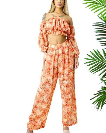 Compleu de vara Bouquet, pantaloni lejeri si camasa cu volane, Portocaliu, Marimea S/M/L