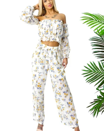 Compleu de vara Bouquet, pantaloni lejeri si camasa cu volane, Alb, Marimea S/M/L