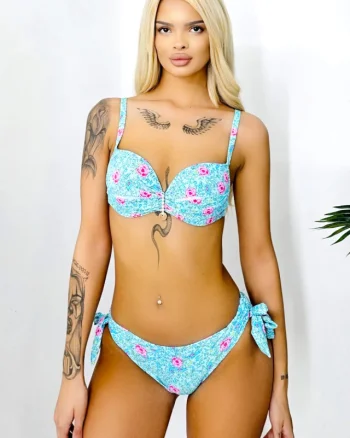 Costum de baie doua piese MYNA, slip reglabil si sutien accesorizat, Albastru/Roz
