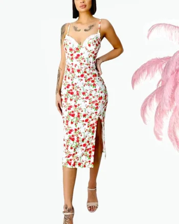 Rochie bodycon Drosera, cu dantela si imprimeu floral, Alb/Rosu, Marime S/M