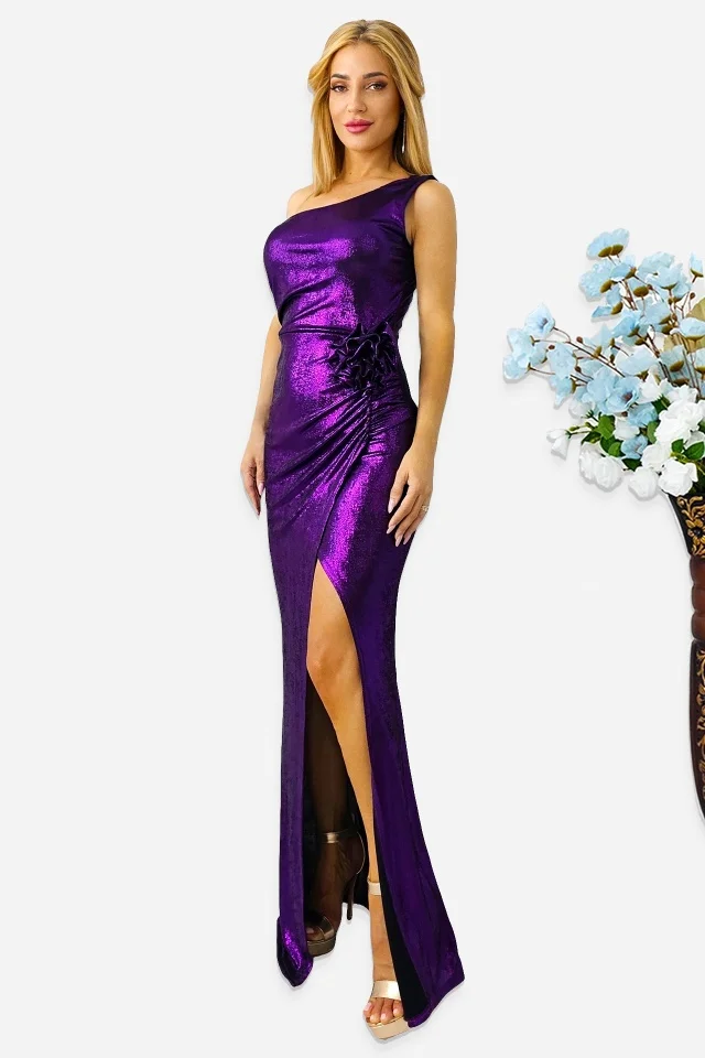 Rochie de seara, JoeLLe, cu detaliu floral si umarul gol, Mov Metalizat, Marime S/M