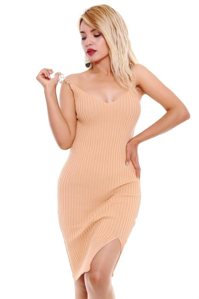 Rochie mulata Sofy, cu bretele din lant, Crem, Marime S/M