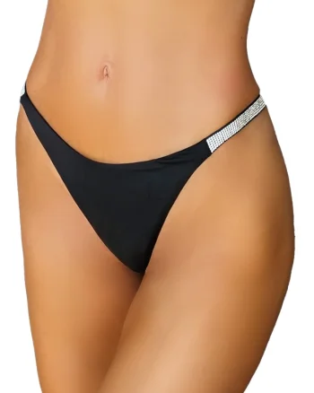 Slip de baie dama XYA, cu talie medie si cristale artizanale, Negru
