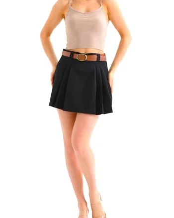 Fusta pantaloni Garby, cu pense simetrice si curea, Negru