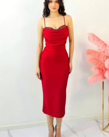 Rochie de seara Tanvea, cu insertii din cristale si falduri, Rosu, Marime S/M