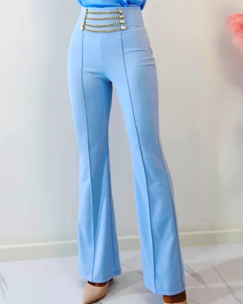 Pantaloni eleganti MEZON, cu fronseuri elastice si lanturi decorative, Baby Blue, Marime S/M