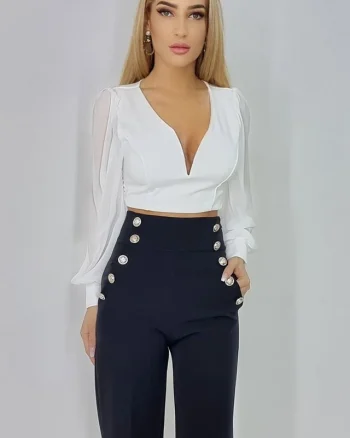 Top scurt Katarina, cu maneci bufante, Alb, Marime universala S/M
