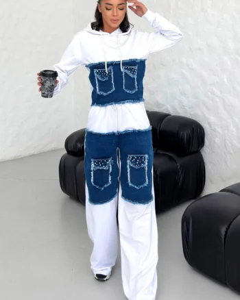 Compleu casual MIRRA Pearl, cu bumbac si denim, Alb