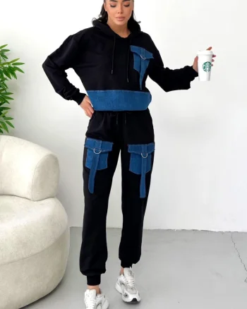 Compleu bumbac si denim ALFENA, cu pantaloni si hanorac cu gluga, Negru