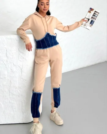 Compleu bumbac si denim Sandra, pantaloni si hanorac cu fermoar lateral, Bej