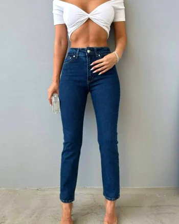 Blugi mom fit Acapulco, cu talie inalta si usor elastici, Albastru indigo
