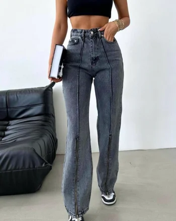 Blugi dama JORGE, croi wide leg si cusaturi in relief, Gri
