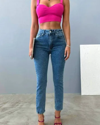 Blugi mom fit Acapulco, cu talie inalta si usor elastici, Albastru deschis