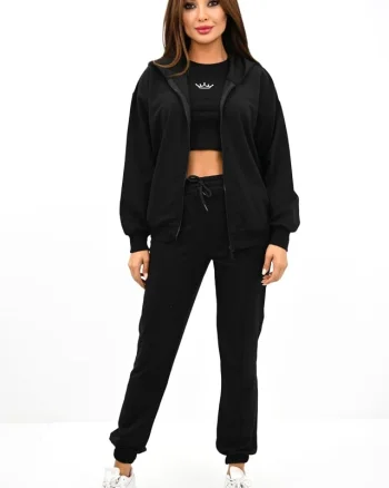 Compleu sport trei piese THIA, pantaloni cu elastic, top imprimat si hanorac, Negru