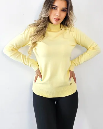 Pulover dama Rona, cu guler inalt si maneca lunga, Galben deschis, Marime S/M