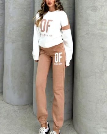 Trening dama, vatuit Playful OF sport, cu hanorac oversize si pantaloni cu snur, Bej